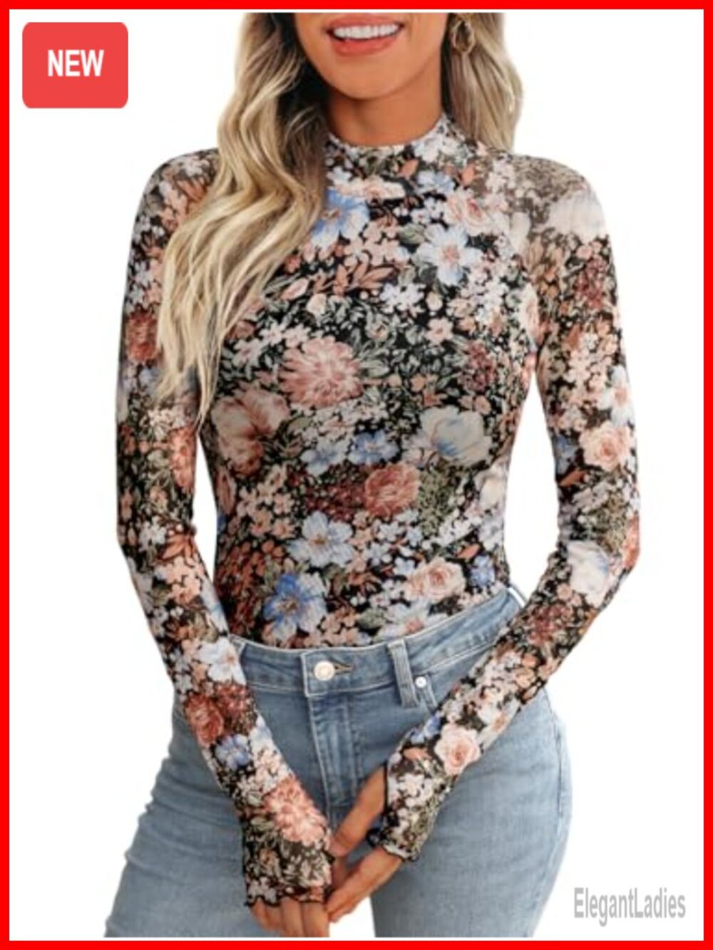 Womens Lace Sheer Floral Mesh Mock Neck Long Sleeve Top